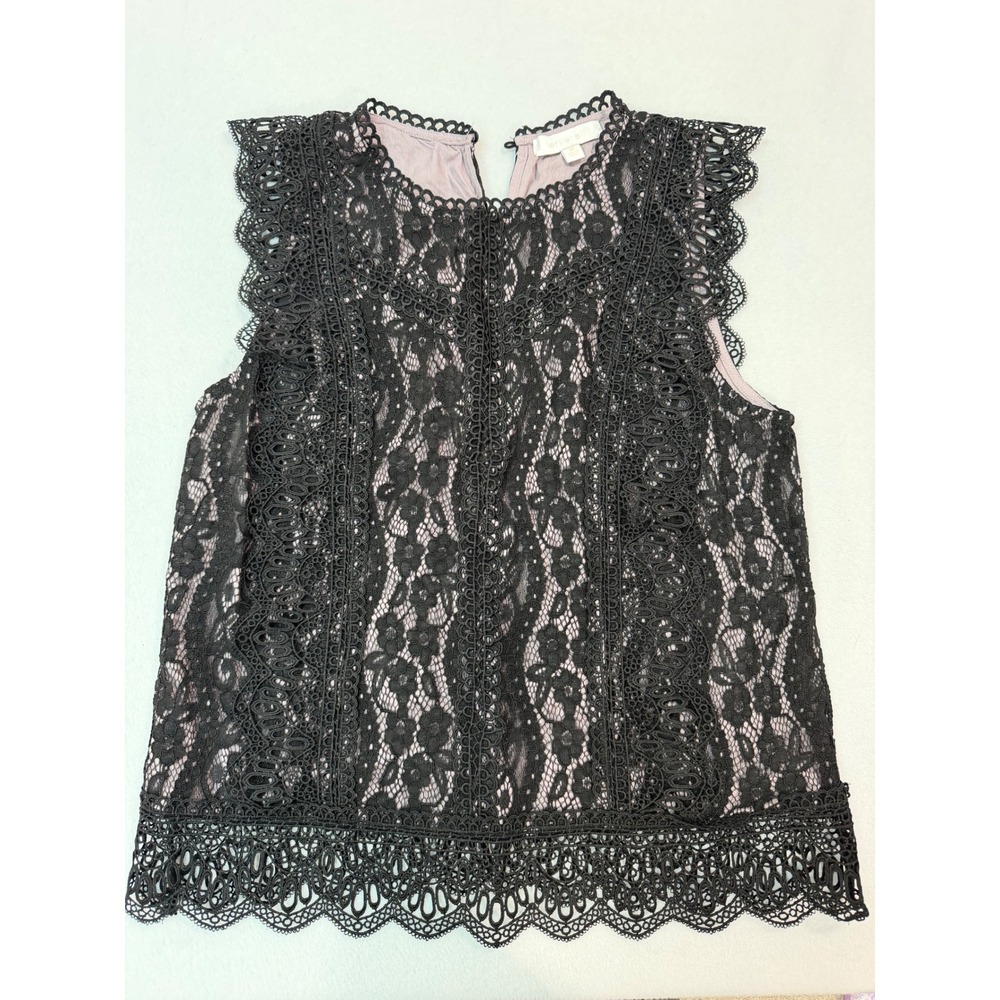 Eri + Ali Black Lace Sleeveless Top Mauve Lining Scallop Trim women medium